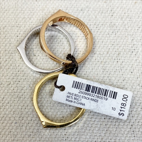 Henri Bendel Pave Bold Stack Rings -- Silver, Gold, Rose Gold Trio - NWT Sz 10 - Picture 4 of 6